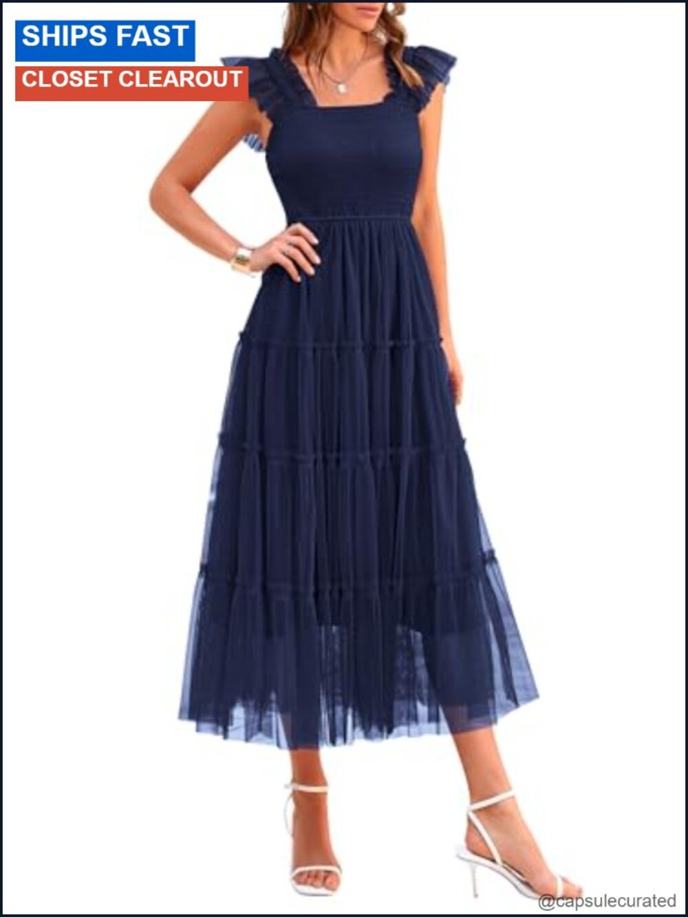 Women's Smocked Tulle Midi Sundress Square Neck Flowy Tiered Ruffle Sleeveless